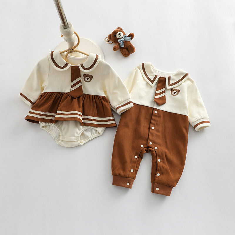 Baby Girl Cartoon Bear Embroidered Pattern College Style Kids outfit in apricot color, featuring a cute bear design and made from soft cotton.