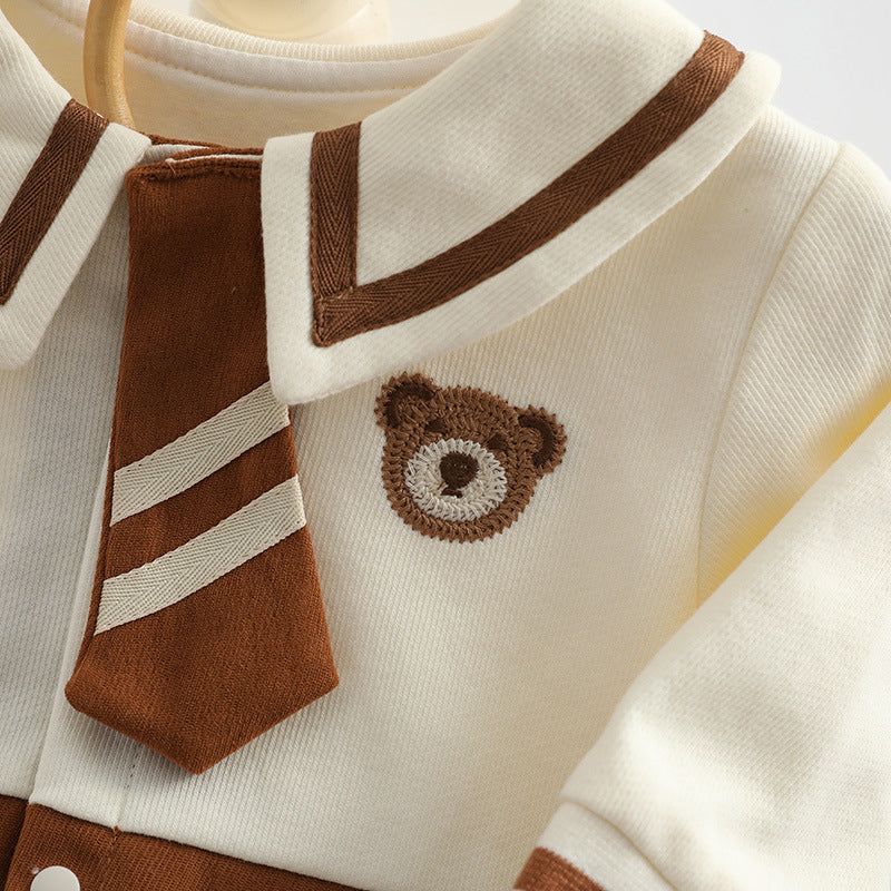 Baby Girl Cartoon Bear Embroidered Pattern College Style Kids outfit in apricot color, featuring a cute bear design and made from soft cotton.