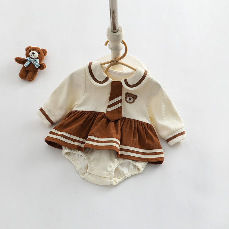 Baby Girl Cartoon Bear Embroidered Pattern College Style Kids outfit in apricot color, featuring a cute bear design and made from soft cotton.