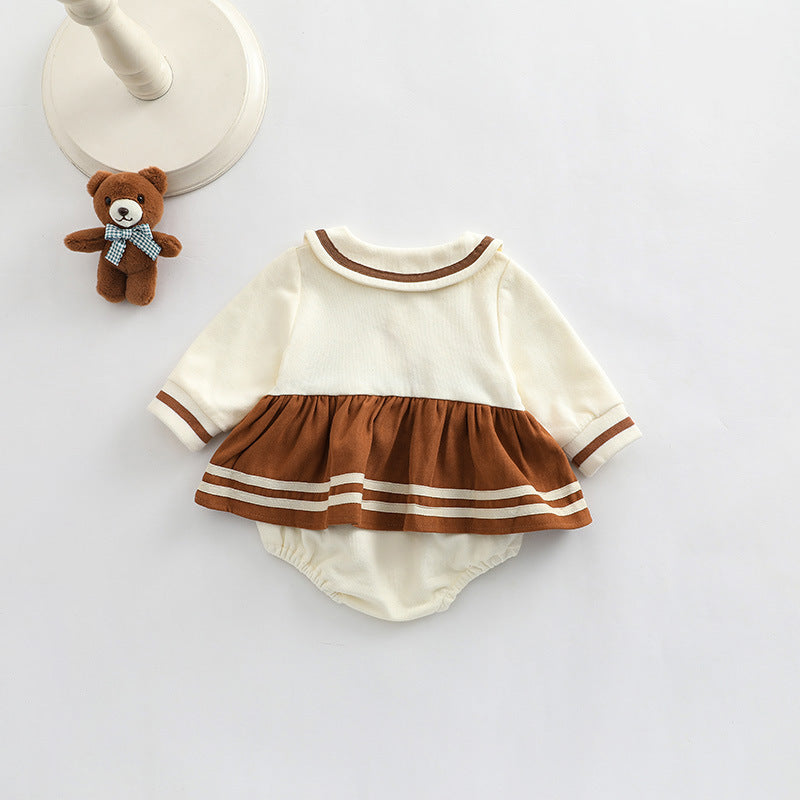 Baby Girl Cartoon Bear Embroidered Pattern College Style Kids outfit in apricot color, featuring a cute bear design and made from soft cotton.