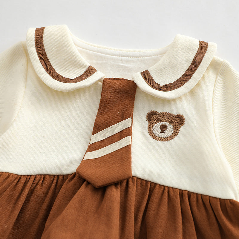 Baby Girl Cartoon Bear Embroidered Pattern College Style Kids outfit in apricot color, featuring a cute bear design and made from soft cotton.