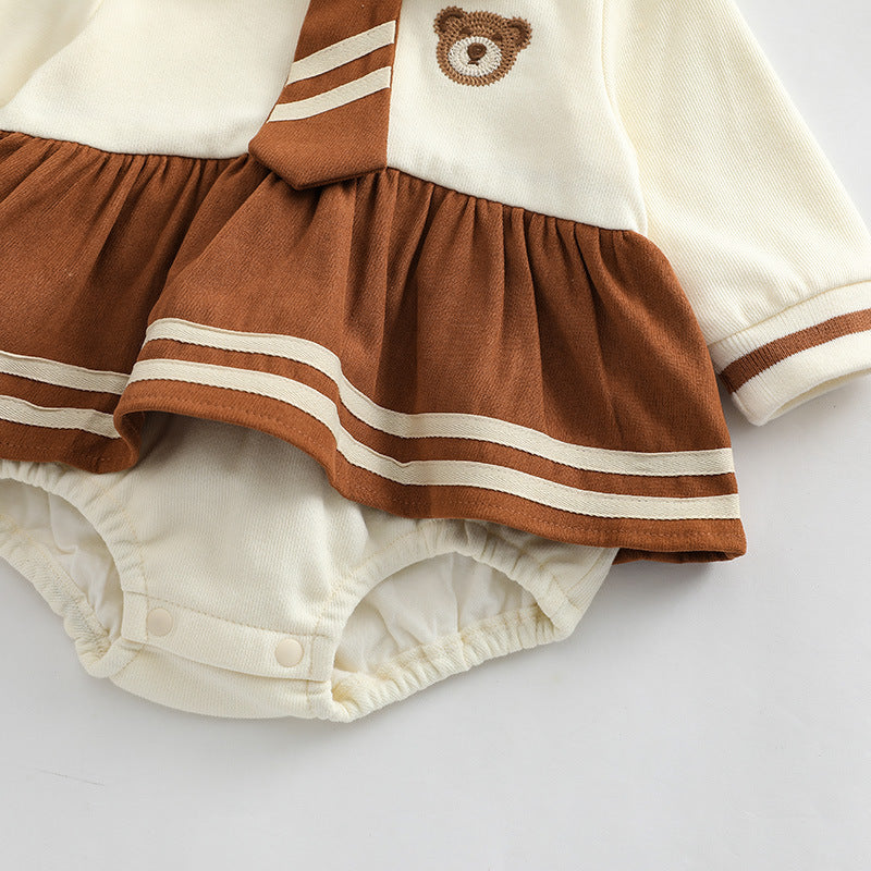 Baby Girl Cartoon Bear Embroidered Pattern College Style Kids outfit in apricot color, featuring a cute bear design and made from soft cotton.