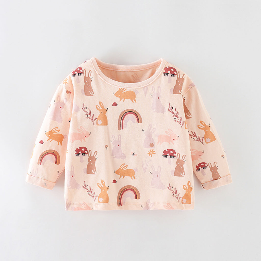 A soft cotton shirt for baby girls featuring a playful cartoon bunny print in vibrant pink color, perfect for spring and autumn wear.