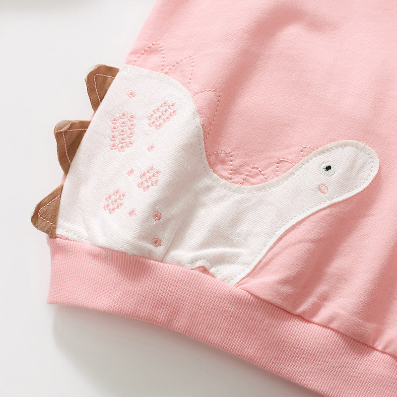 Baby girl hoodie in pink with cartoon patches, made of soft cotton, suitable for spring and autumn wear.