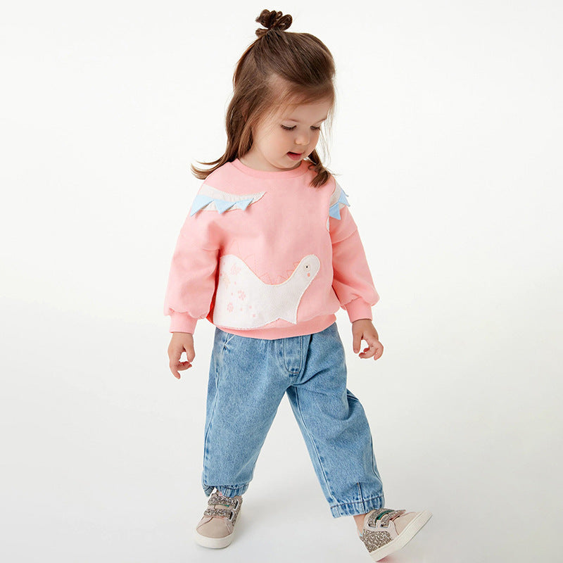 Baby girl hoodie in pink with cartoon patches, made of soft cotton, suitable for spring and autumn wear.