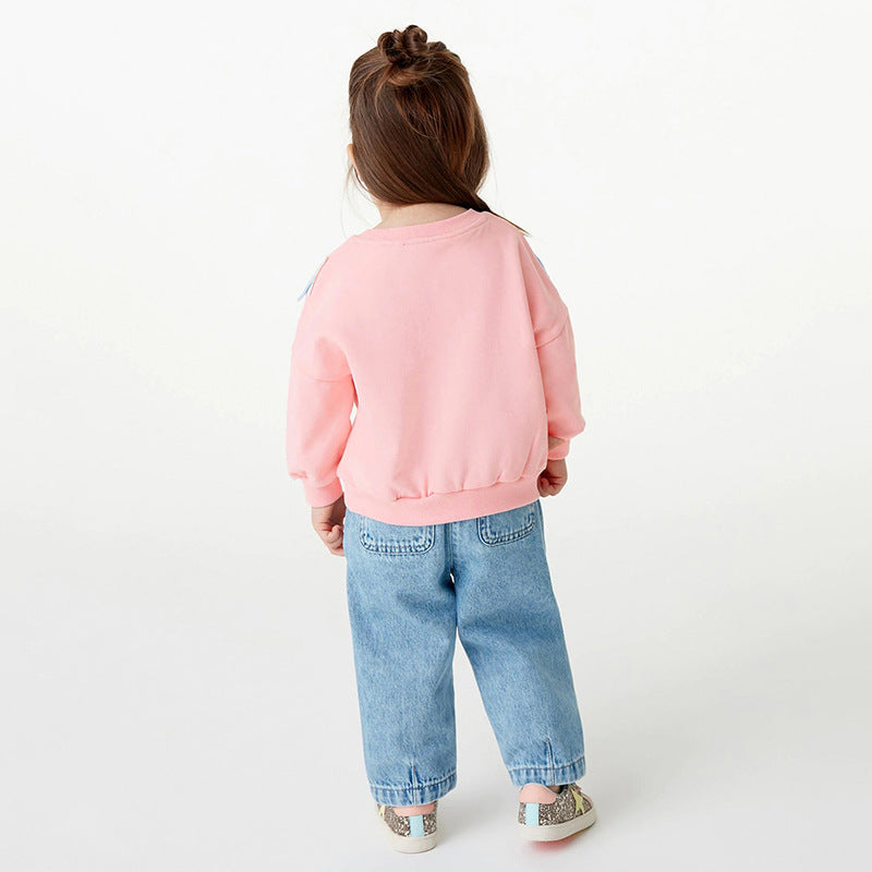 Baby girl hoodie in pink with cartoon patches, made of soft cotton, suitable for spring and autumn wear.