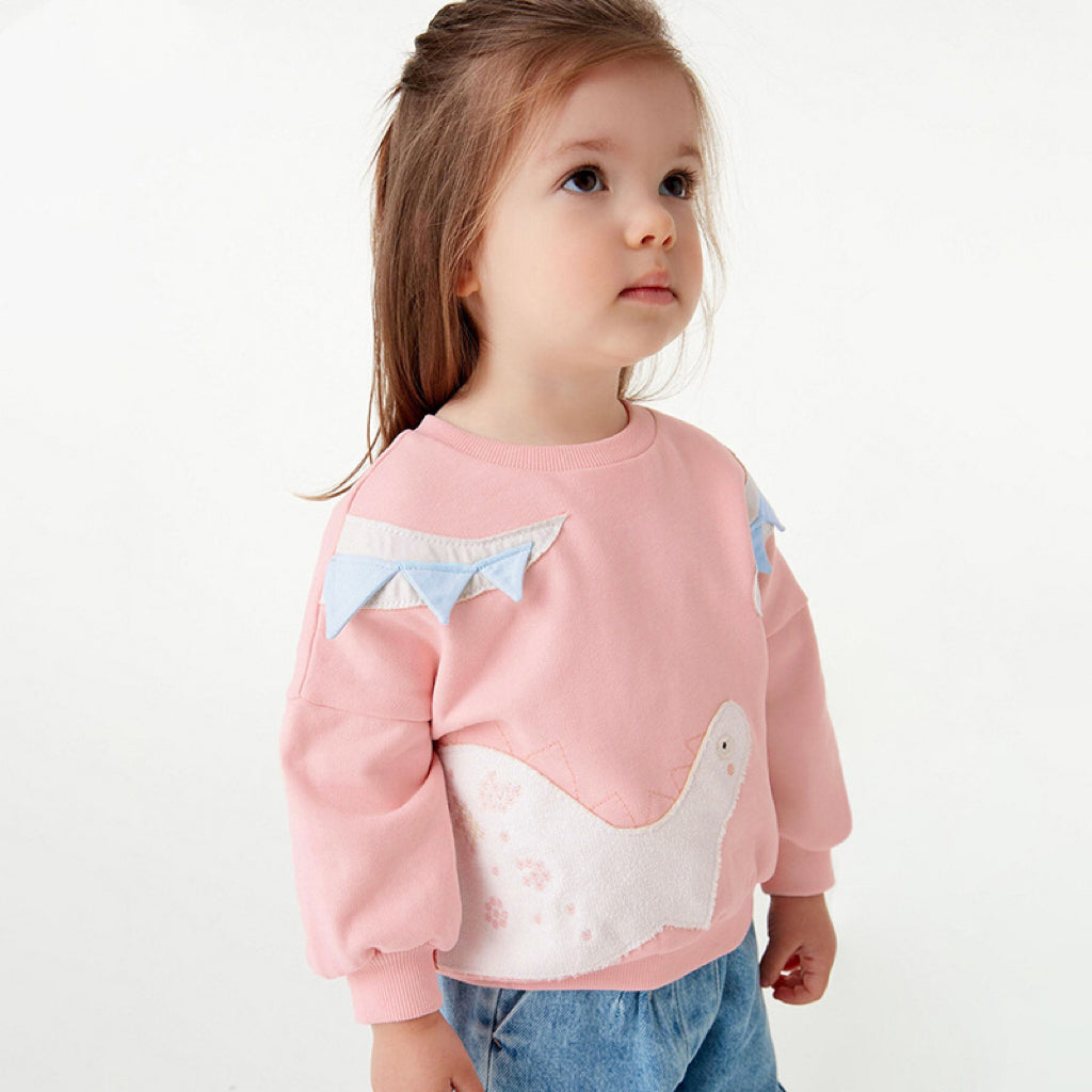 Baby girl hoodie in pink with cartoon patches, made of soft cotton, suitable for spring and autumn wear.