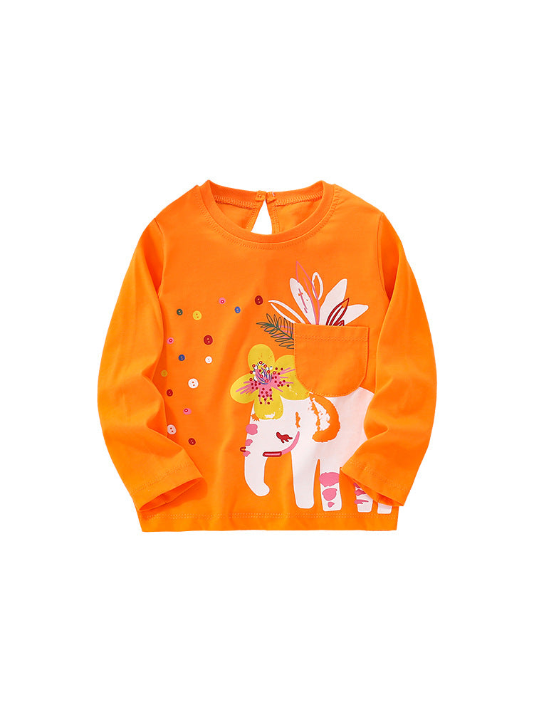 Baby girl cotton top shirt featuring a colorful cartoon print in pink and orange, perfect for casual wear.