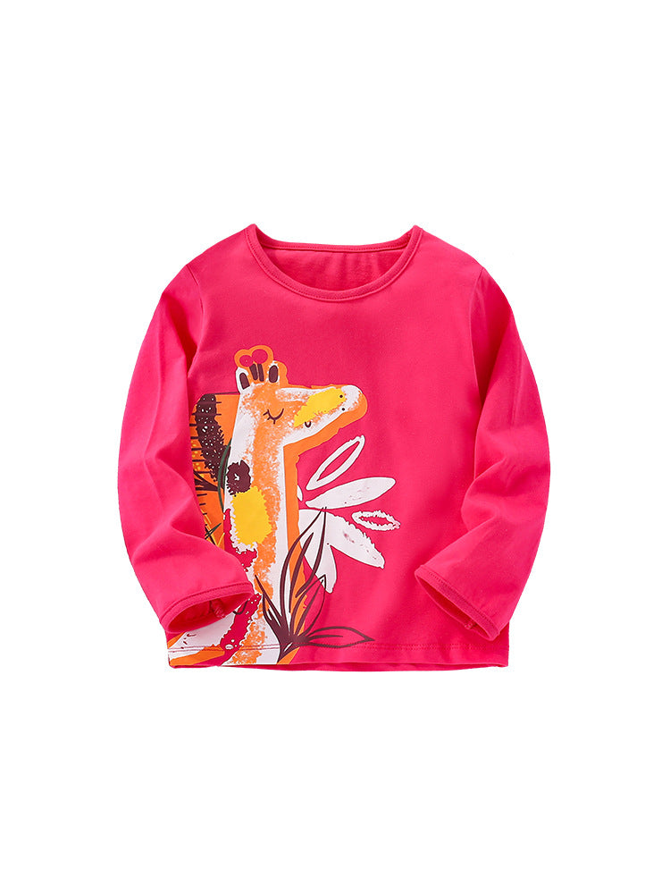 Baby girl cotton top shirt featuring a colorful cartoon print in pink and orange, perfect for casual wear.