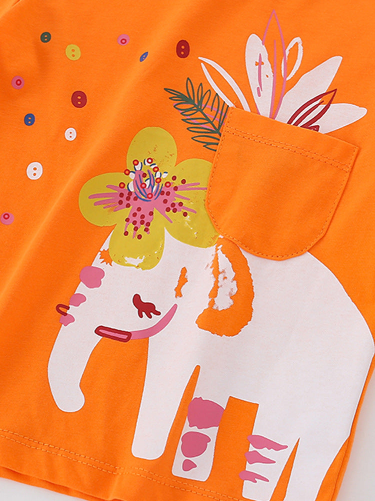 Baby girl cotton top shirt featuring a colorful cartoon print in pink and orange, perfect for casual wear.