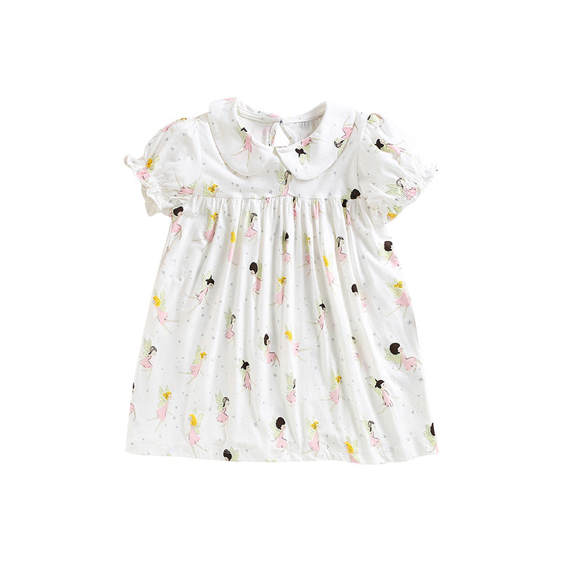 Baby Girl Cartoon Print Pattern Doll Neck Princess Dress in white with playful cartoon designs, perfect for summer occasions.