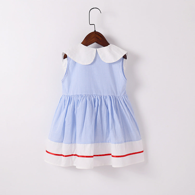 A vibrant baby girl dress featuring cherry embroidery and a color blocking lapel design, perfect for summer wear.