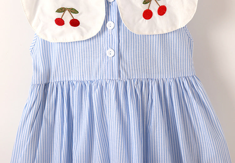 A vibrant baby girl dress featuring cherry embroidery and a color blocking lapel design, perfect for summer wear.