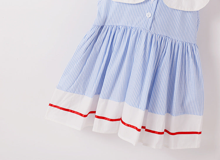 A vibrant baby girl dress featuring cherry embroidery and a color blocking lapel design, perfect for summer wear.