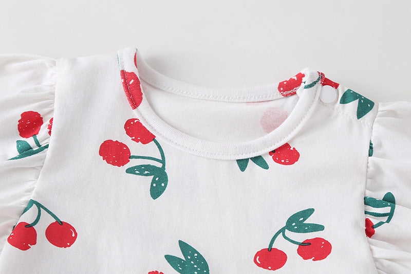 Baby girl onesie featuring cherry print pattern with mesh patchwork design, round-collar, and short sleeves, perfect for summer wear.