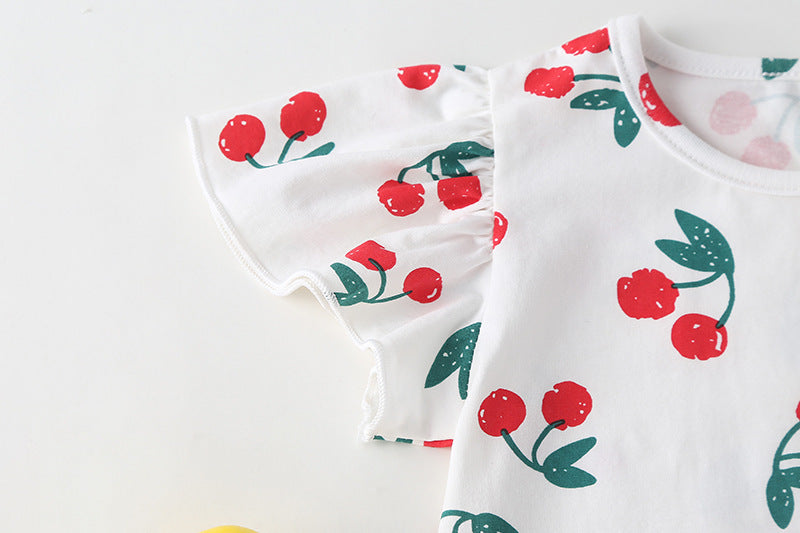 Baby girl onesie featuring cherry print pattern with mesh patchwork design, round-collar, and short sleeves, perfect for summer wear.