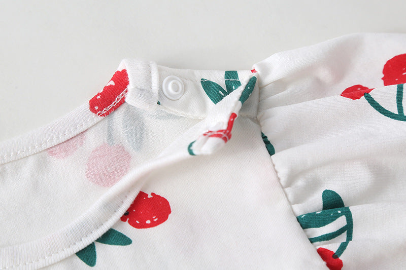 Baby girl onesie featuring cherry print pattern with mesh patchwork design, round-collar, and short sleeves, perfect for summer wear.