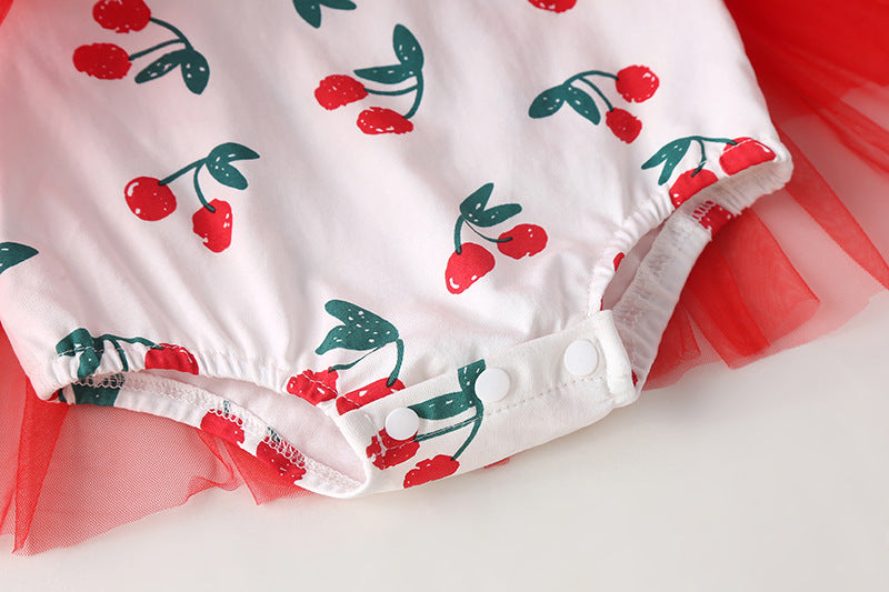 Baby girl onesie featuring cherry print pattern with mesh patchwork design, round-collar, and short sleeves, perfect for summer wear.