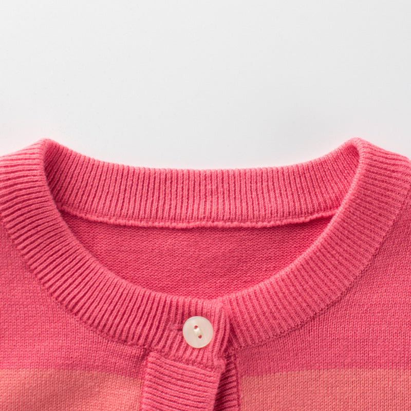 A colorful striped knit cardigan for baby girls, featuring a single-breasted design in pink, perfect for spring and autumn wear.