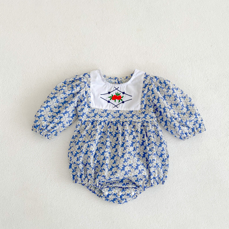 Baby girl long sleeved onesie with ditsy floral embroidery in blue, made from soft cotton, perfect for spring and autumn wear.