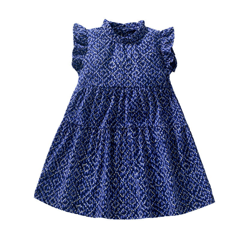 Baby Girl Ditsy Flower Graphic Sleeveless Loose Princess Dress in blue with floral pattern, perfect for summer wear.