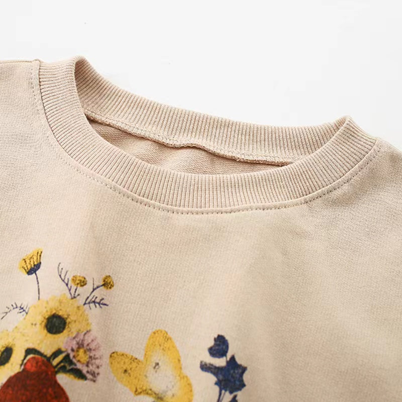 Baby girl hoodie featuring an elk print pattern in khaki color, made from soft cotton for comfort.