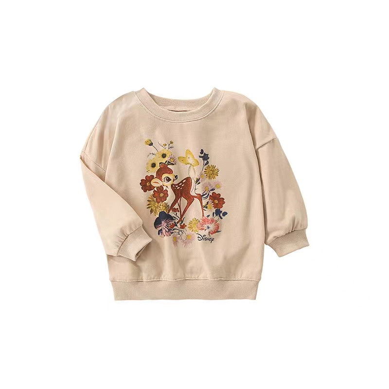 Baby girl hoodie featuring an elk print pattern in khaki color, made from soft cotton for comfort.