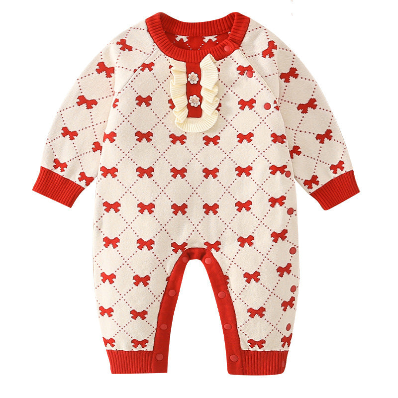 A vibrant red baby girl romper featuring floral embroidery, perfect for autumn and spring seasons.