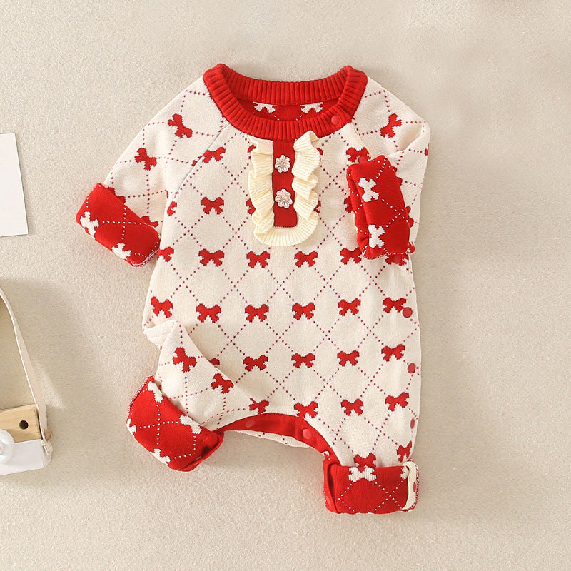 A vibrant red baby girl romper featuring floral embroidery, perfect for autumn and spring seasons.