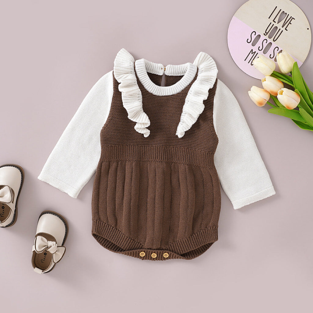 Baby Girl False Lace Design Knitted Onesies in pink, grey, and coffee colors, showcasing soft cotton fabric and intricate lace details.