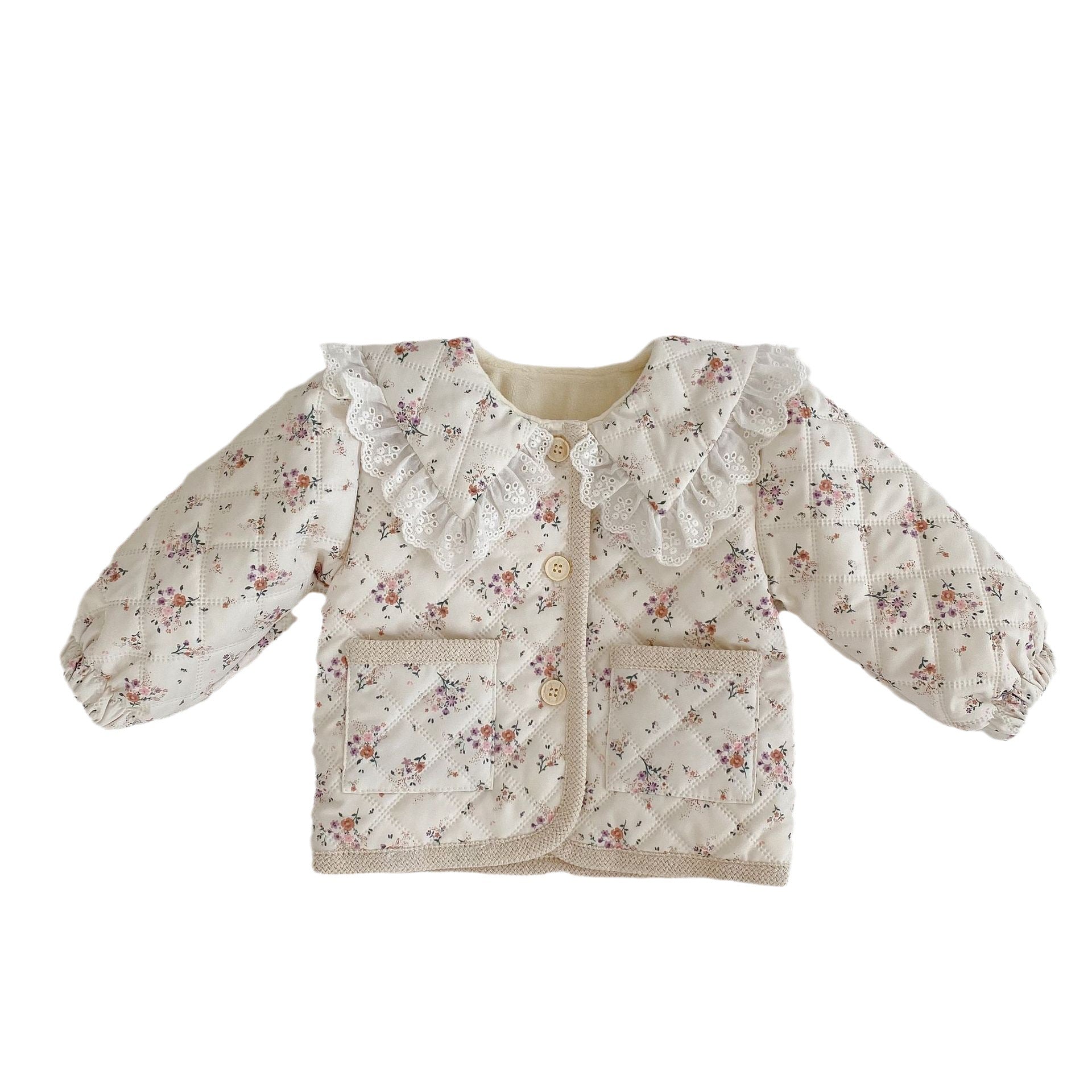 Baby girl winter coat with floral pattern, round lace collars, and pockets, designed for warmth and style.