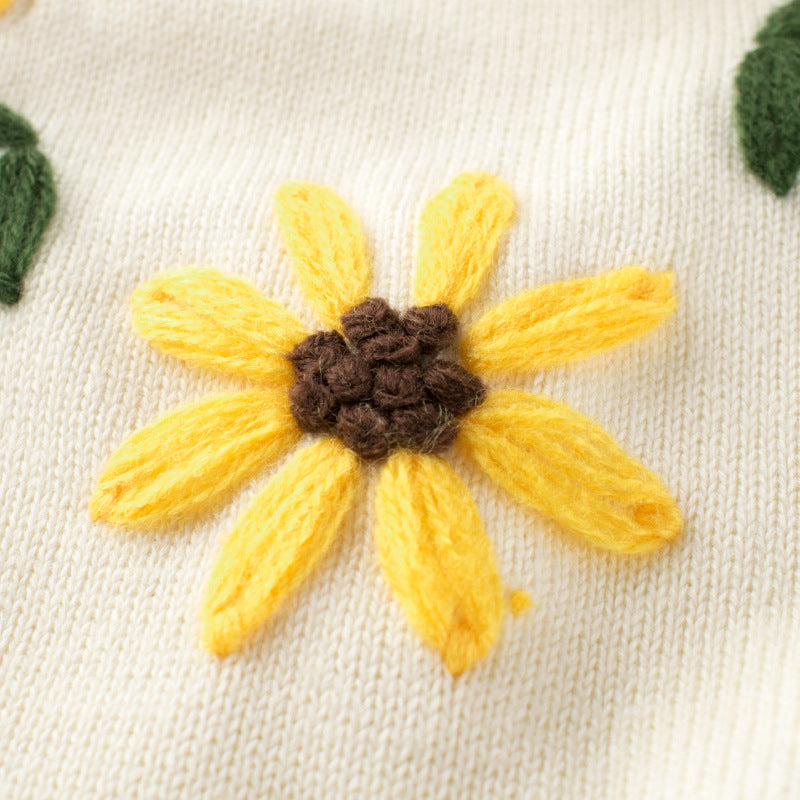 Baby girl knitwear featuring floral embroidery and colorblock design in vibrant yellow, perfect for spring and autumn.