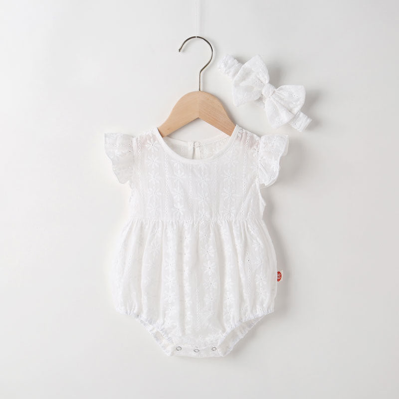 Baby girl sleeveless onesies with floral embroidery pattern in white cotton fabric, perfect for summer wear.