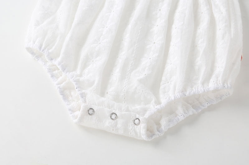 Baby girl sleeveless onesies with floral embroidery pattern in white cotton fabric, perfect for summer wear.