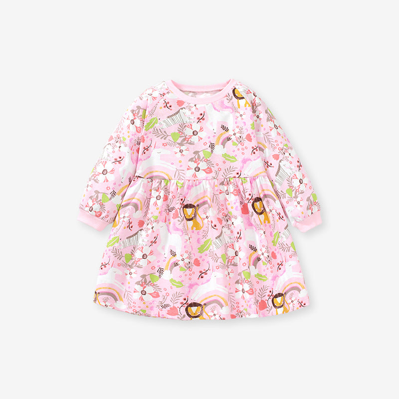 Baby girl wearing a pink floral pattern long sleeves hoodie dress, showcasing its soft cotton fabric and charming design.