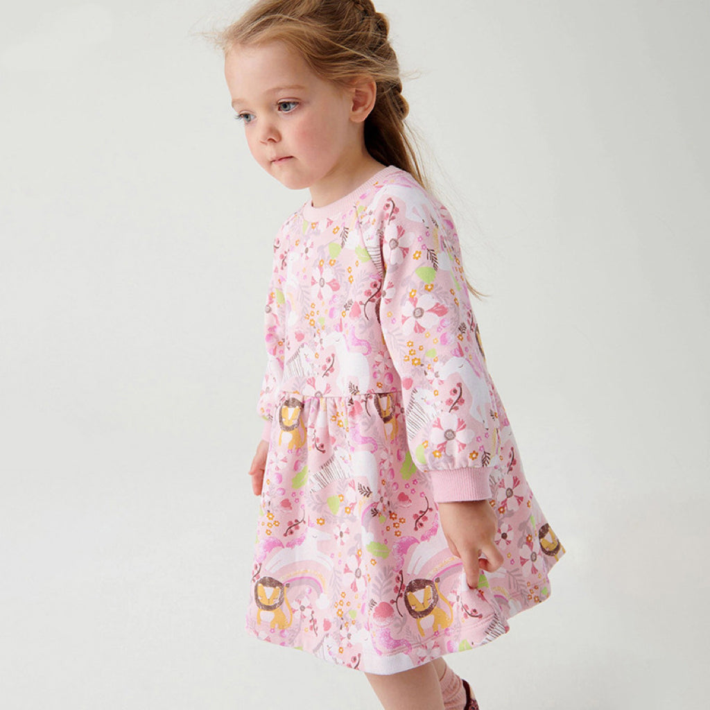 Baby girl wearing a pink floral pattern long sleeves hoodie dress, showcasing its soft cotton fabric and charming design.