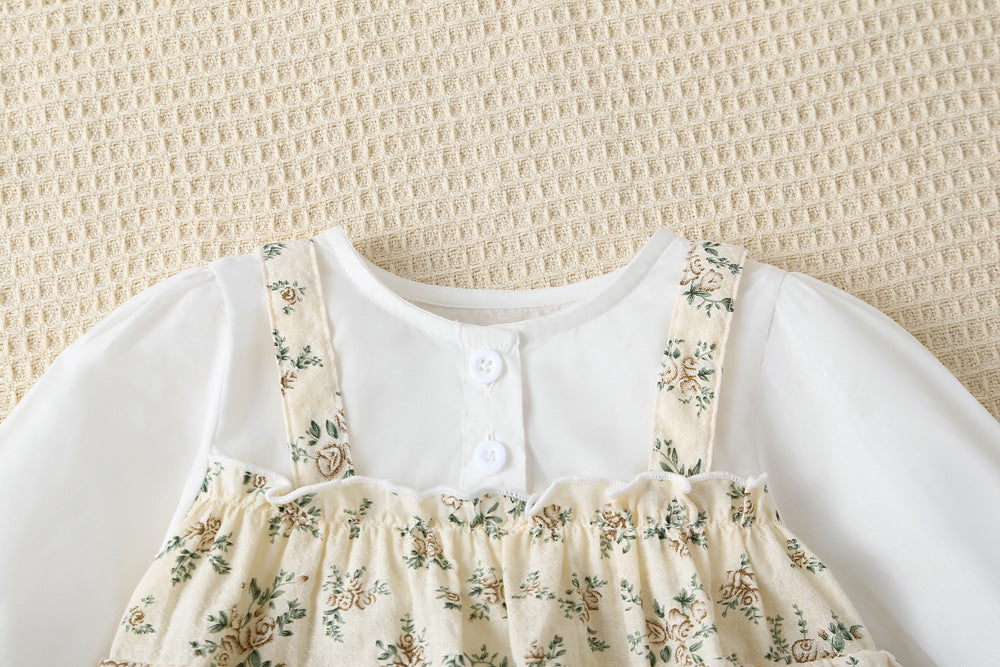 Baby girl floral pattern round neck long sleeve onesie dress in white, featuring vibrant flowers, perfect for spring and autumn.