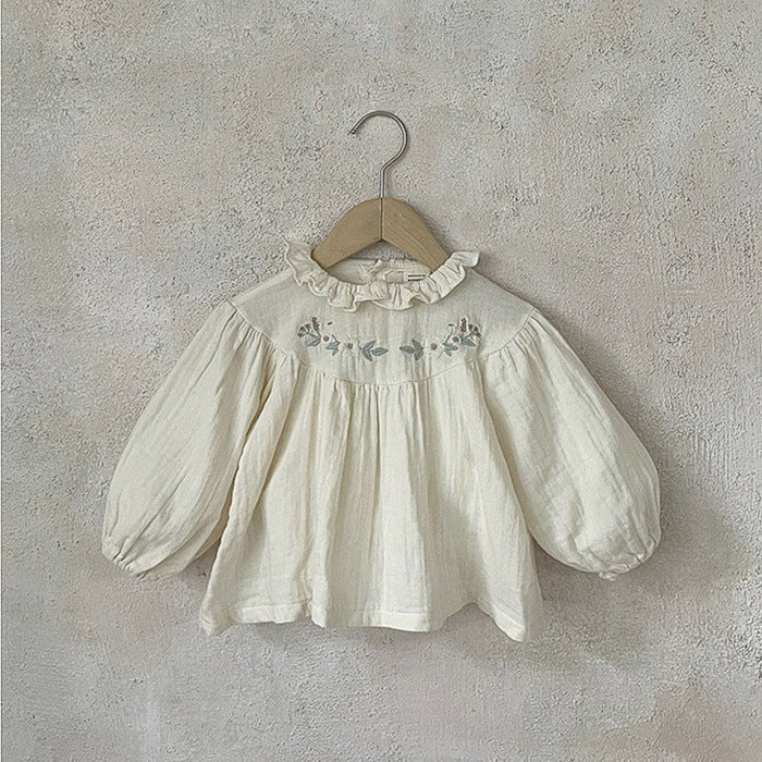 Baby girl floral pattern ruffle neck blouse in grey and beige, made of soft cotton, perfect for spring and autumn wear.