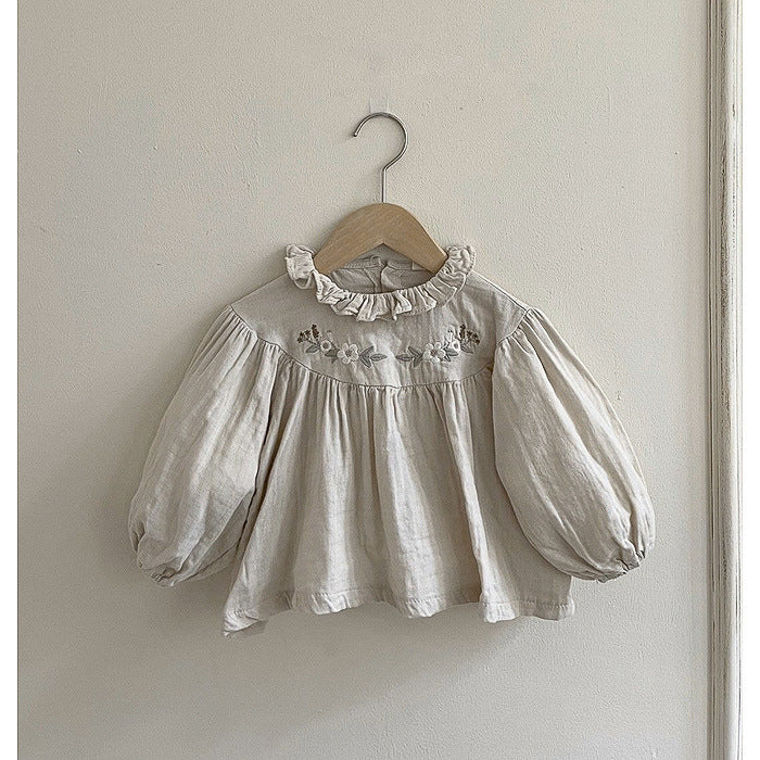 Baby girl floral pattern ruffle neck blouse in grey and beige, made of soft cotton, perfect for spring and autumn wear.