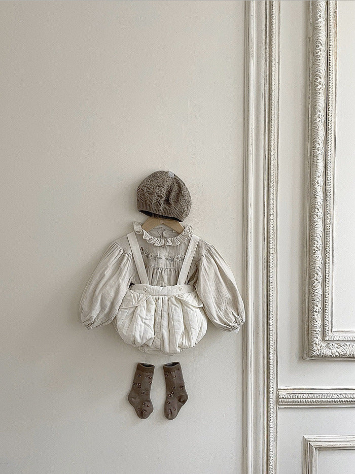 Baby girl floral pattern ruffle neck blouse in grey and beige, made of soft cotton, perfect for spring and autumn wear.