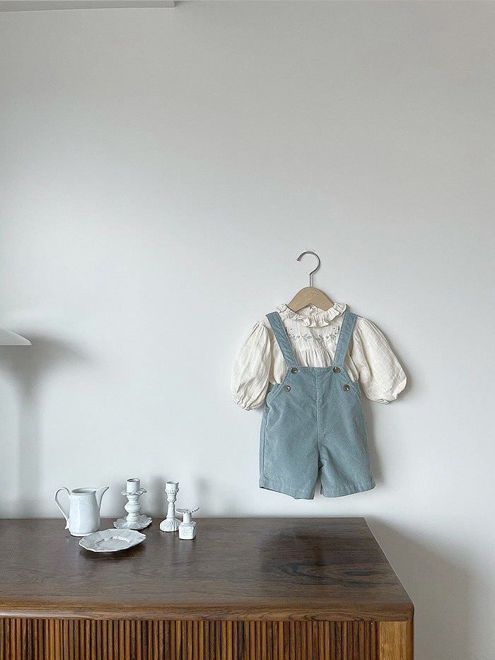 Baby girl floral pattern ruffle neck blouse in grey and beige, made of soft cotton, perfect for spring and autumn wear.