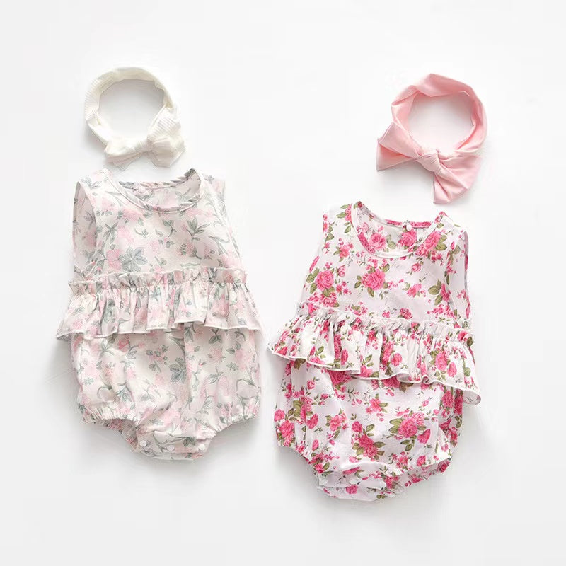 Baby girl floral print graphic ruffle design sleeveless onesie with matching headband in pink color.