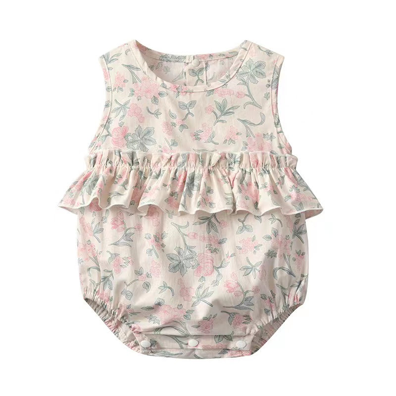 Baby girl floral print graphic ruffle design sleeveless onesie with matching headband in pink color.