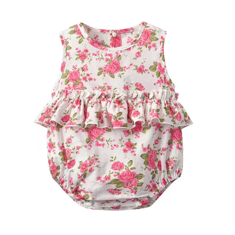 Baby girl floral print graphic ruffle design sleeveless onesie with matching headband in pink color.