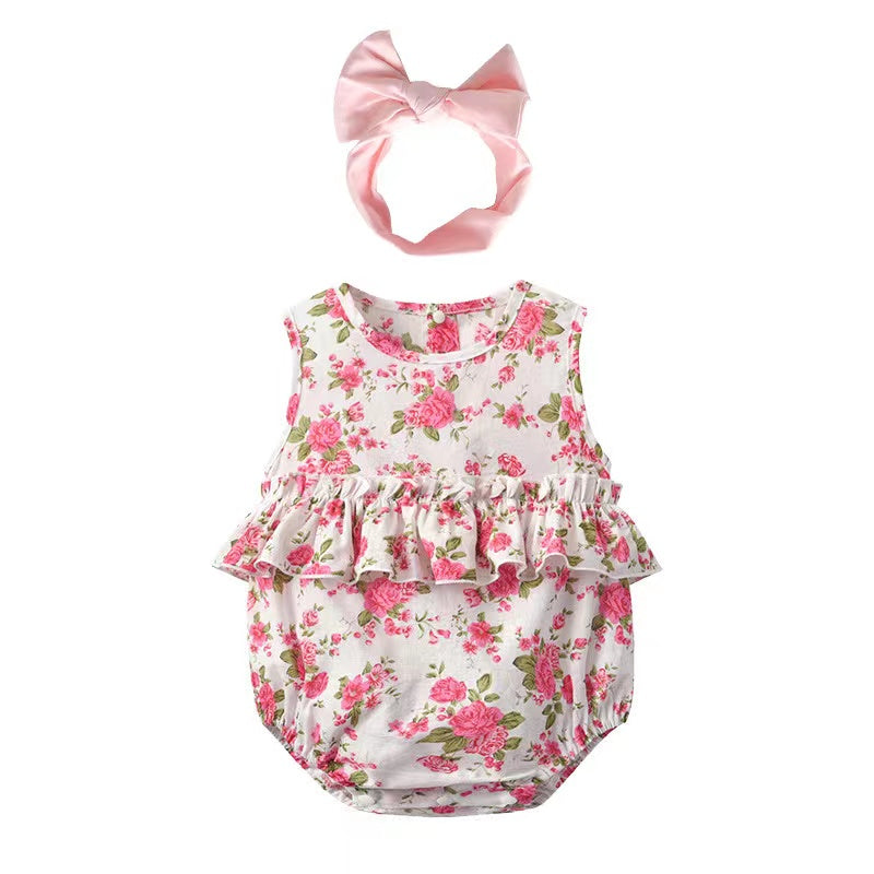 Baby girl floral print graphic ruffle design sleeveless onesie with matching headband in pink color.