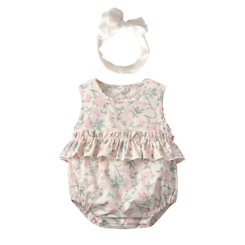 Baby girl floral print graphic ruffle design sleeveless onesie with matching headband in pink color.