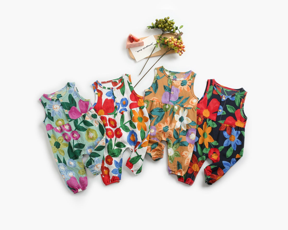 Baby girl floral print sleeveless romper with buttoned design in various colors.