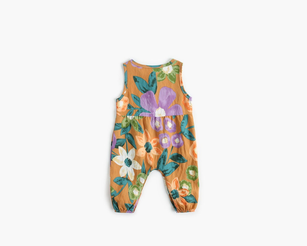 Baby girl floral print sleeveless romper with buttoned design in various colors.