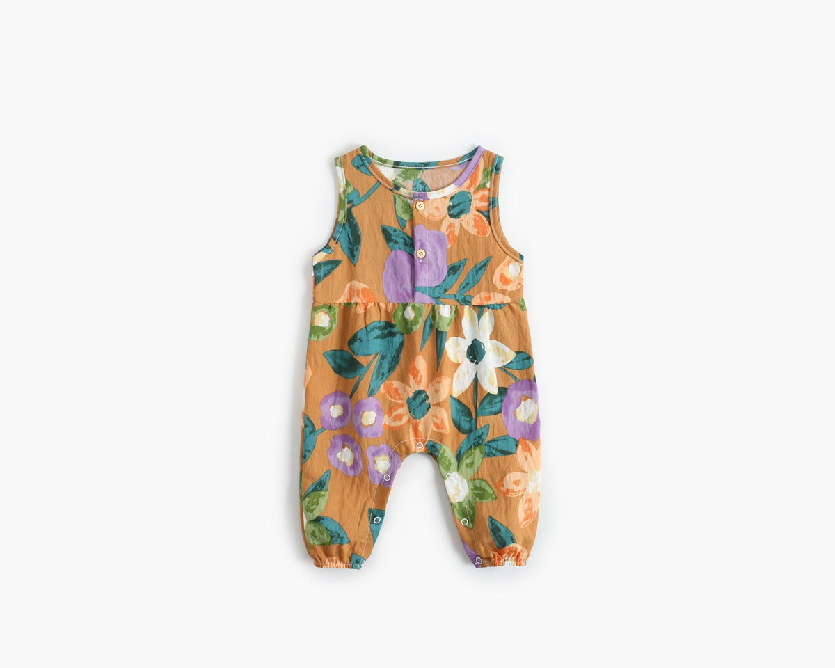 Baby girl floral print sleeveless romper with buttoned design in various colors.