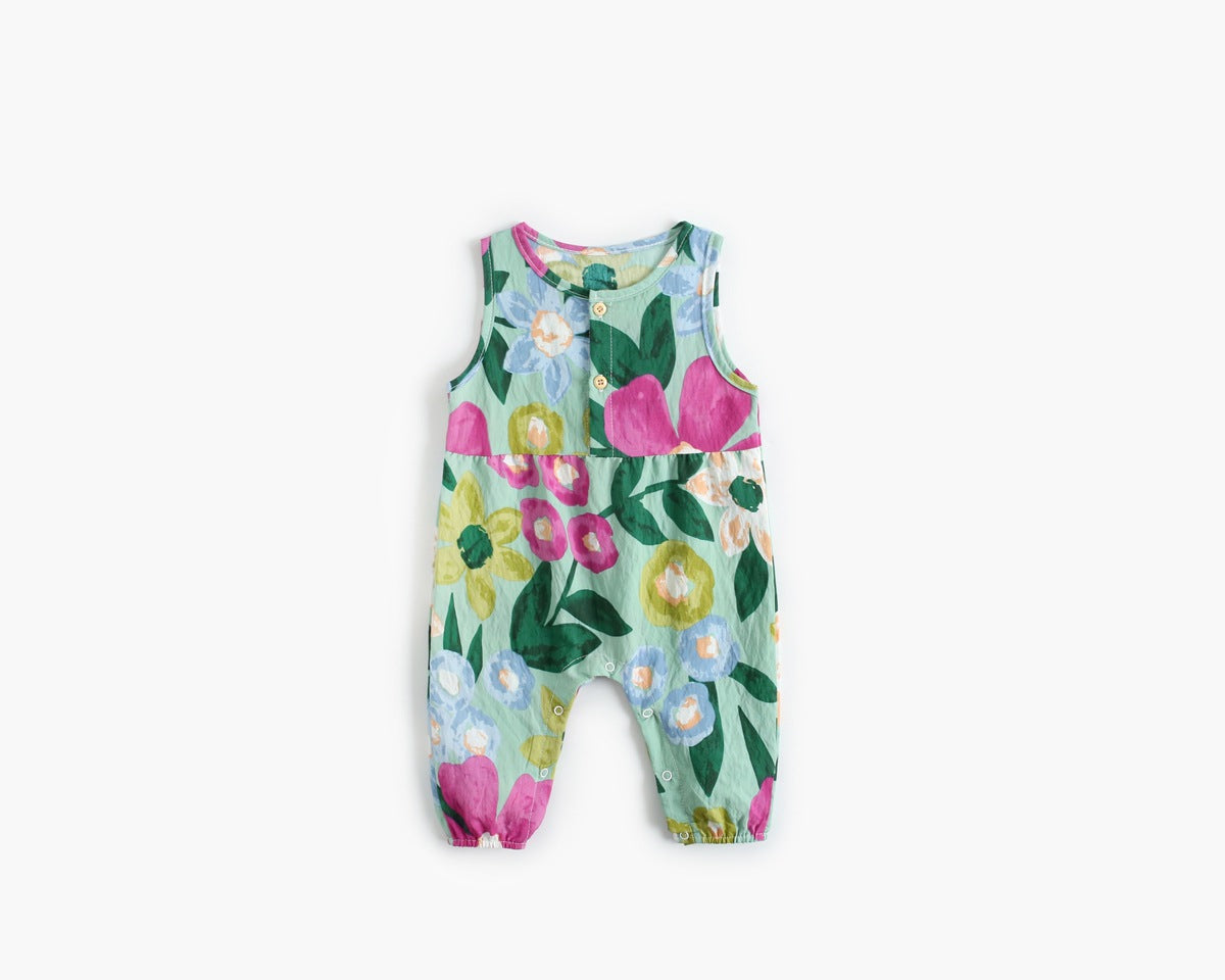 Baby girl floral print sleeveless romper with buttoned design in various colors.